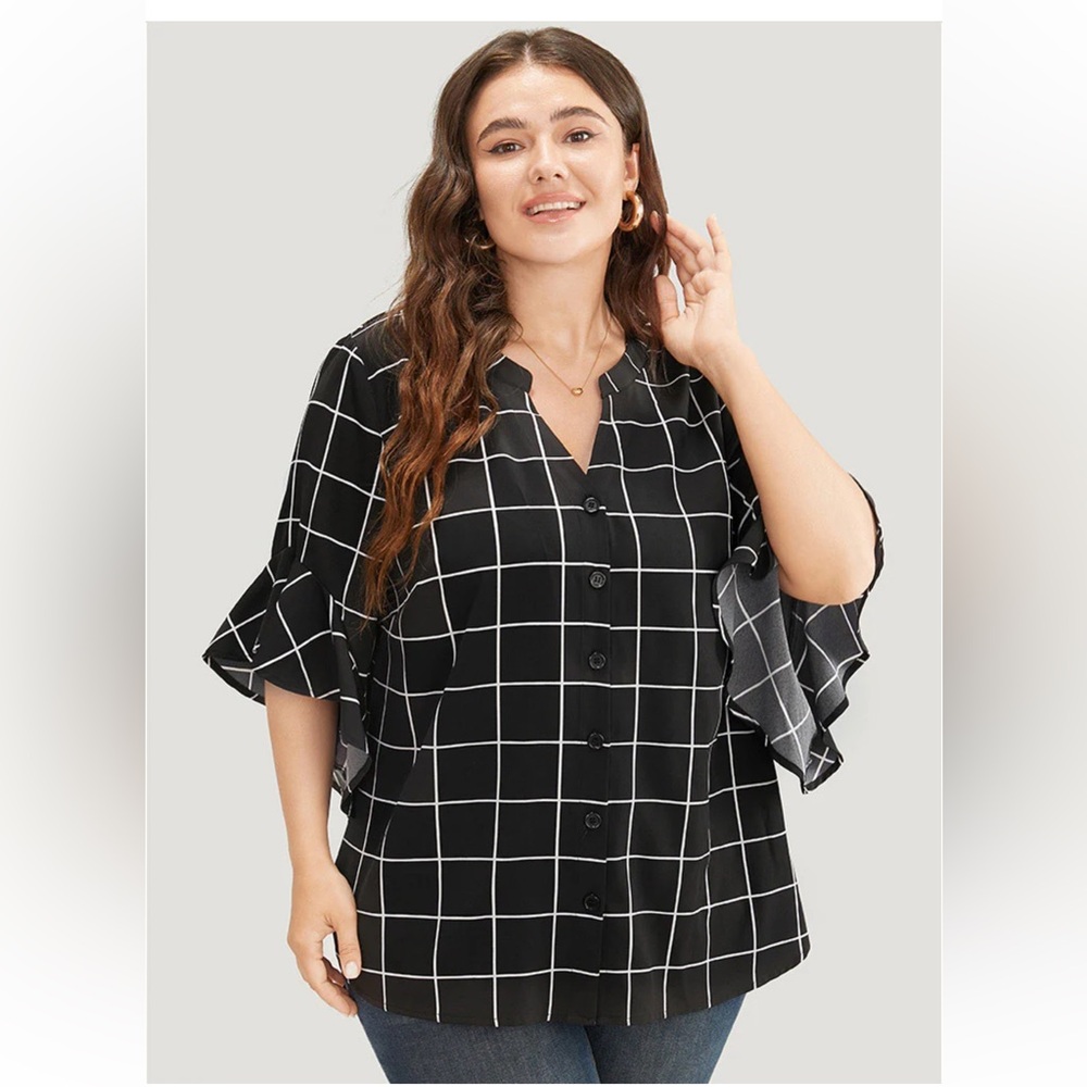 Nwt Plaid Notched Button Up Ruffle Sleeve Split H… - image 4